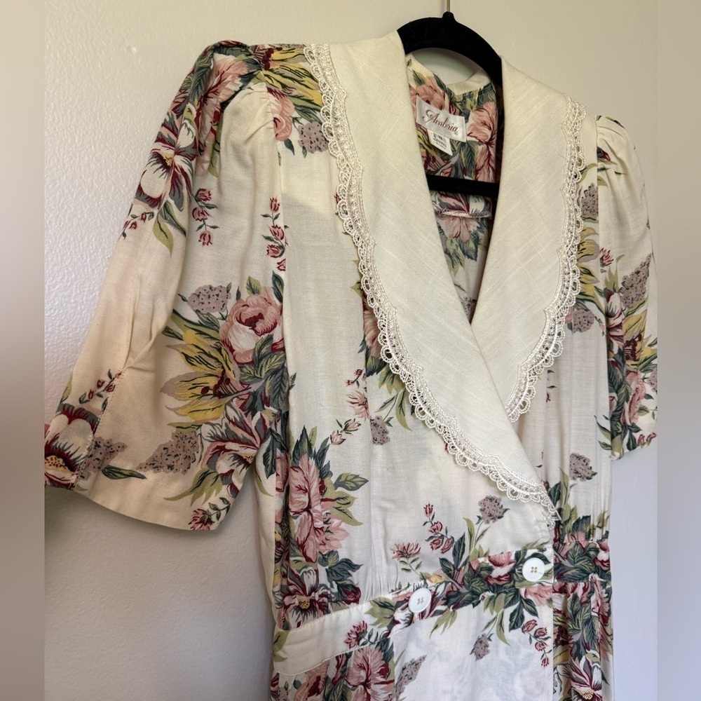 Vintage cottagecore Ambria Floral faux wrap, maxi Dress with lace collar size 8 - Picture 4 of 12